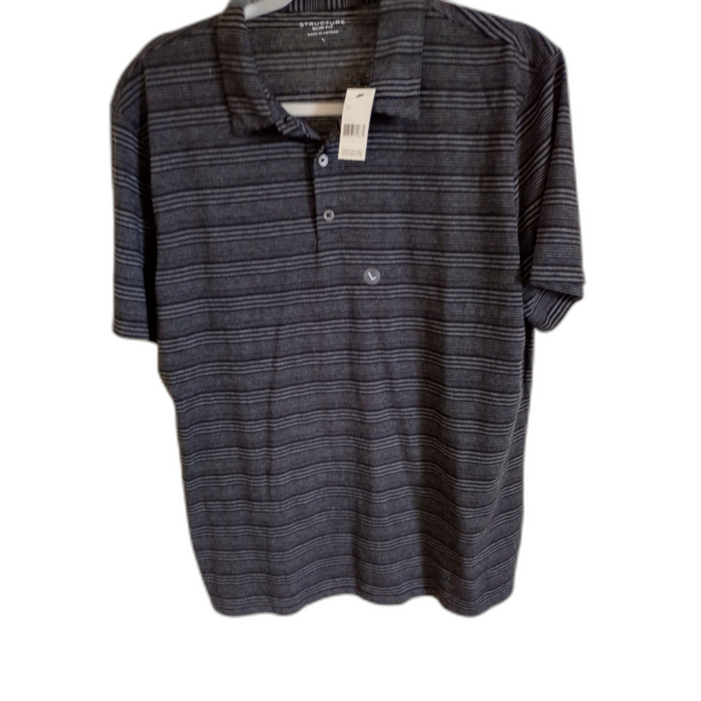 NWT Structure Slim Fit Mens Black Striped Polo Shirt SZ Large